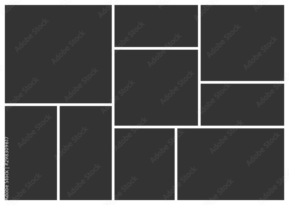 Empty photo frame collage of nine parts. Poster frame mockup. Vector template photo collage. - obrazy, fototapety, plakaty 