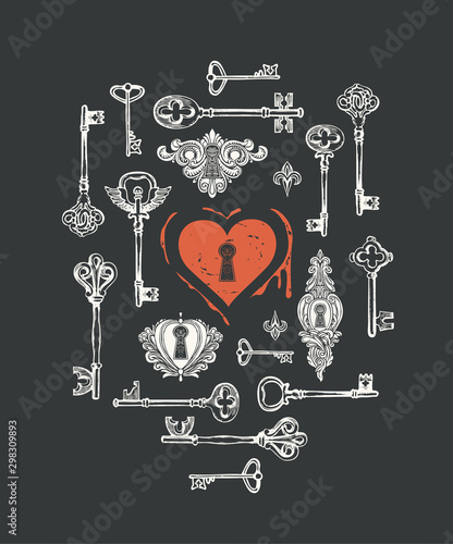 Vector greeting card or banner on the theme of love and Valentine day with hand-drawn vintage keys, keyholes and red heart with blood in retro style. The keys to the heart.