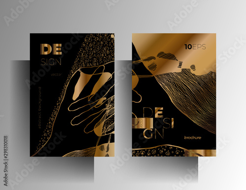 Set of design templates for cover, brochure, poster, card, background. Gold texture on a black background is manually drawn. Vector 10 EPS. A4 format.
