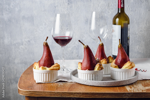 Poached pears in red wine.