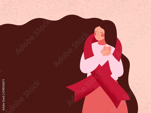 Woman embracing themselves with red ribbon for support of AIDS and HIV patients. Girl with Pink ribbon of international breast cancer day worldwide. Vector illustration