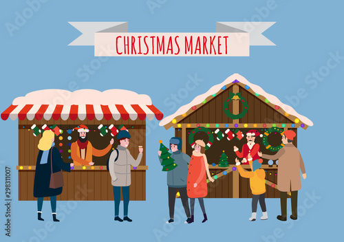 Christmas stalls with with souvenirs and gifts shop with garlands decorations