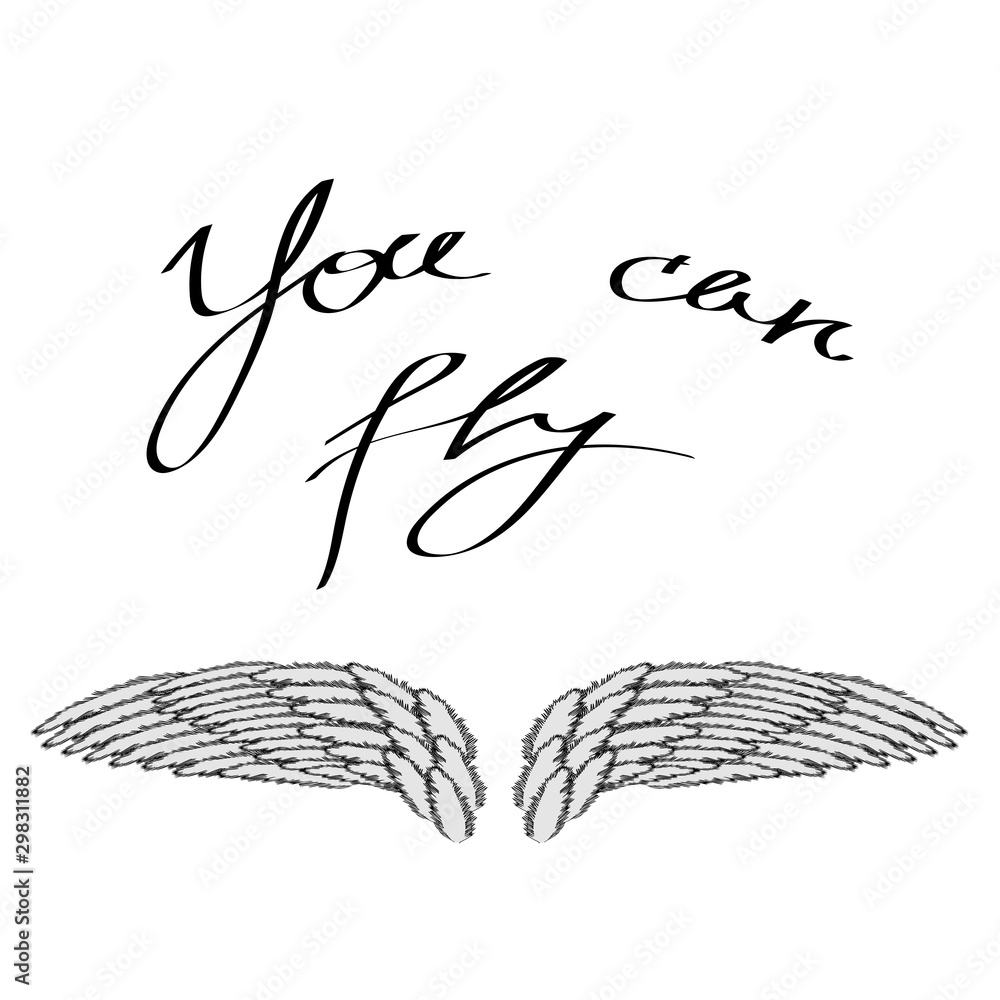 Fototapeta premium Angel or Phoenix Wings on Grey Blurred Background. Winged Logo Design. Part of Eagle Bird. Design Elements for Emblem, Sign, Brand Mark. You Can Fly Text. Hand Drawn Motivational Lettering.