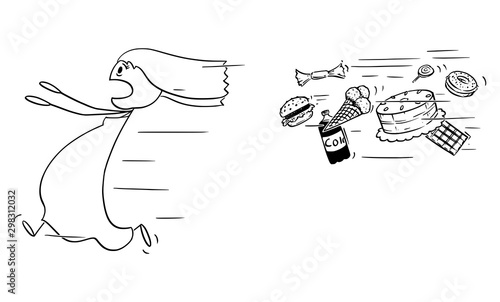 Vector cartoon stick figure drawing conceptual illustration of obese and fat woman running away chased by unhealthy junk food. Concept of healthy lifestyle.