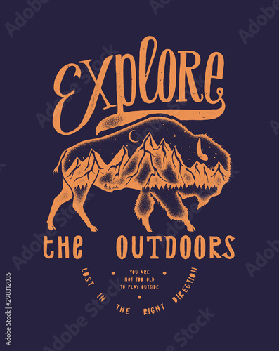 Explore the outdoors - vintage typography hiking print with american bison and mountains inside it