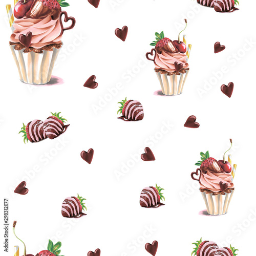 Seamless pattern with cupcake on a white background