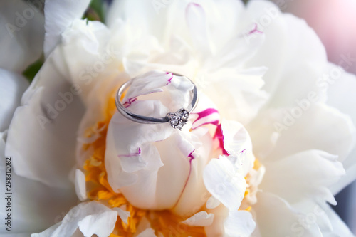 A closeup view of a beautiful white gold engagement ring with three small diamonds in the shape of a heart lying on a white peony flower bud. Selective focus