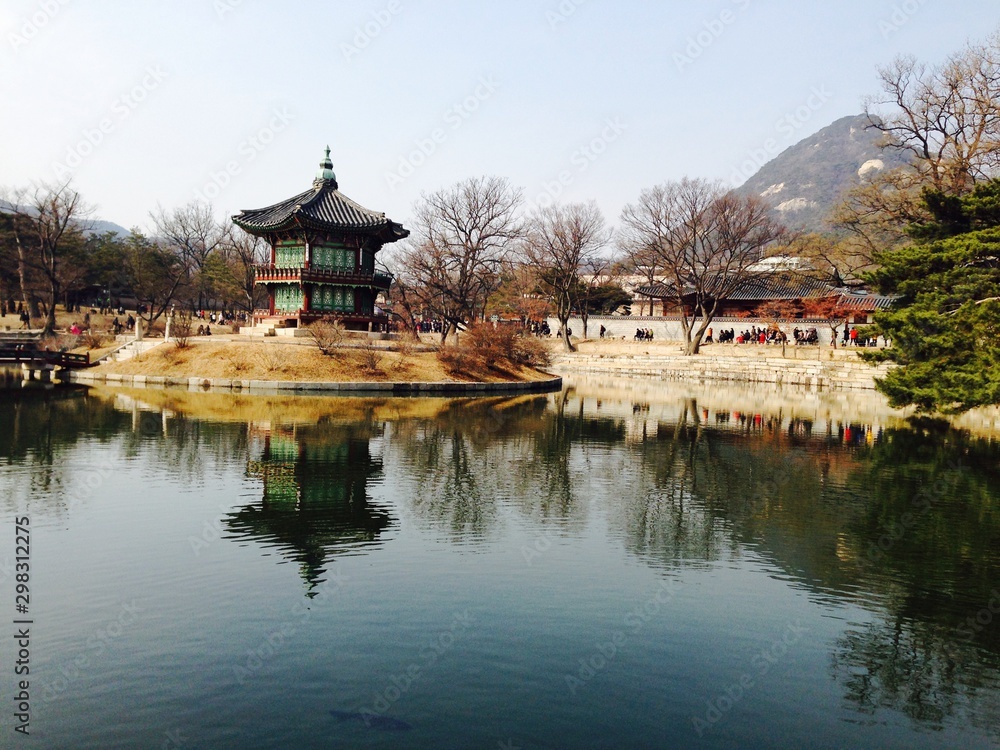 Reflection of Korean Traditional Building on Pond in Gyeongju