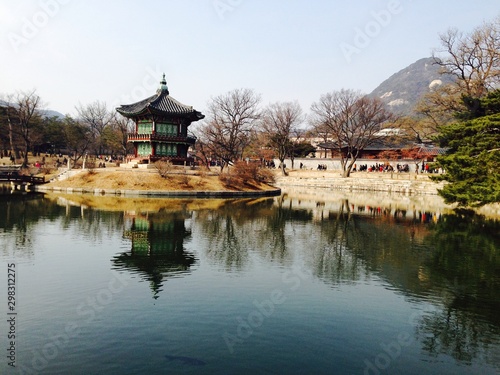 Reflection of Korean Traditional Building on Pond in Gyeongju