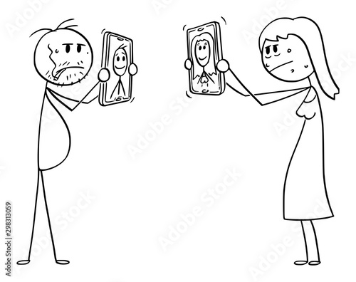 Vector cartoon stick figure drawing conceptual illustration of ordinary or ugly man and woman, showing their unrealistic retouched and idealized photos on social networks on mobile phones.