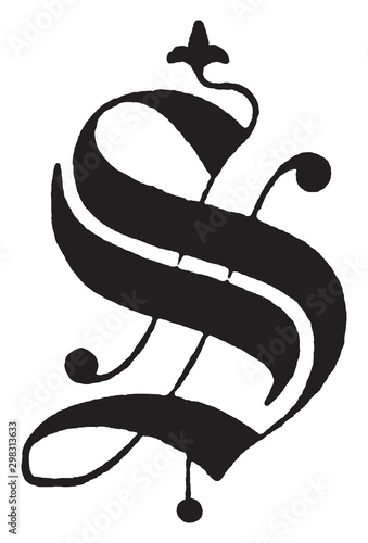 S, Old English fancy text, vintage illustration