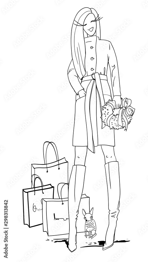 Young beautiful girl model, dressed in a stylish coat, high heels, buying gifts, Christmas wreaths, shopping, for New Year's greetings, raster copy Young beautiful girl model, dressed in a stylish coat, high heels, buying gifts, Christmas wreaths, shopping, for New Year's greetings, raster copy