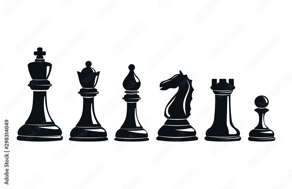 Chess and board icons set, chessmen banner, silhouette, flat black and  white drawing. Piece pawn, king, queen, bishop, knight, rook, with figure  names isolated on white background. Vector illustration - Stock Image 