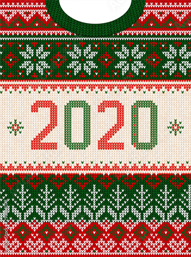 Ugly sweater Christmas party invite. Knitted background pattern scandinavian ornaments.