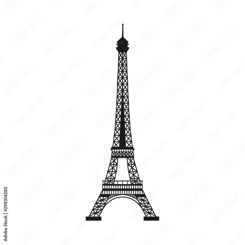 Silhouette Eiffel tower, Paris, France, on a white background.