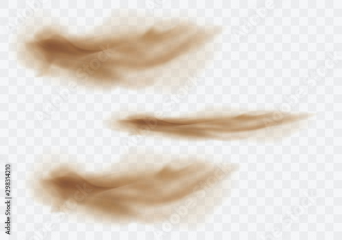 Desert sandstorm set, brown dusty clouds or dry sand flying with gust of wind, explosion collection realistic texture vector illustration isolated on transparent background