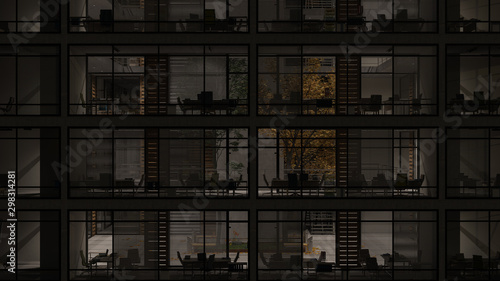Nighttime Rendering of a Multi Story Building Exterior with Dimly Lit Offices 3D Rendering