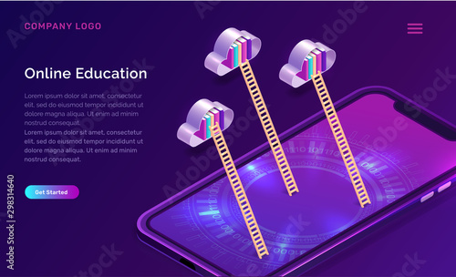 Online education isometric concept vector illustration. Mobile phone screen, cloud with library and wooden stairs on violet background, landing web site page for educational or language courses