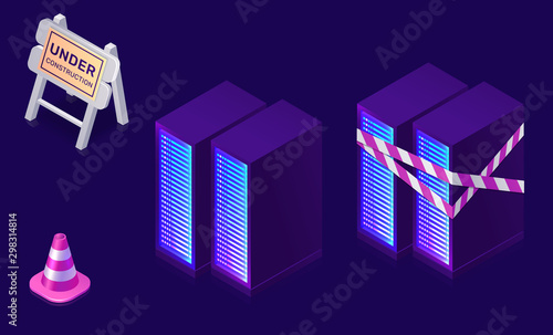 Website under construction isometric icons set, maintenance work or error page vector illustration. Server racks with warning signal tape, traffic cone and road traffic sign isolated on purple banner