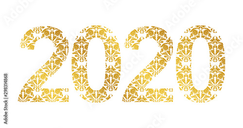 Number 2020 year patterned with floral shapes, isolated on white. 2019 for decorate calendar, banner, poster, invitation, card, adult coloring book.
