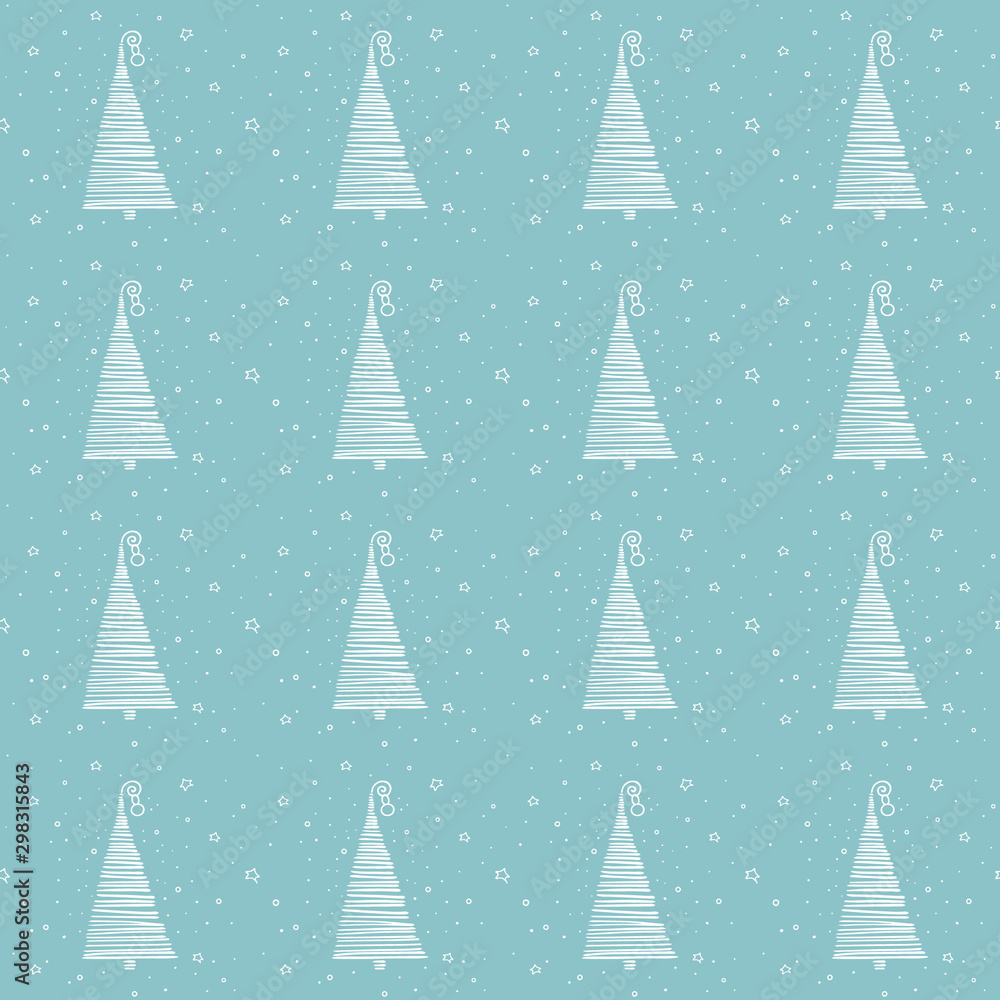 Christmas, New Year seamless pattern with simple minimalist xmas trees on blue background in doodle style. Hand drawn texture for greeting cards, fabric or wrapping paper designs. Vector illustration