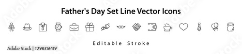 Father's Day Set Line Vector Icons. Contains such Icons as Mustache, tie, shirt, handshake, diplomat, hat, coffee, purse, gift, portfolio and more. Editable Stroke. 32x32 Pixel Perfect