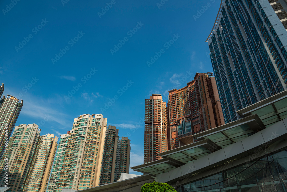 crowded and high-up residential buildings in hong kong china