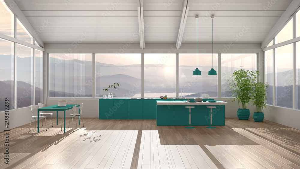 Modern minimalist turquoise colored kitchen with island and dining ...