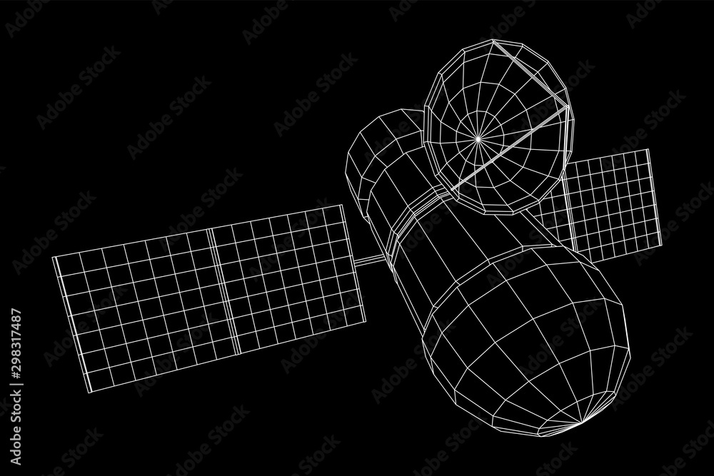 Space station communications satellite. Wireframe low poly mesh vector illustration. Space station communications satellite. Wireframe low poly mesh vector illustration.