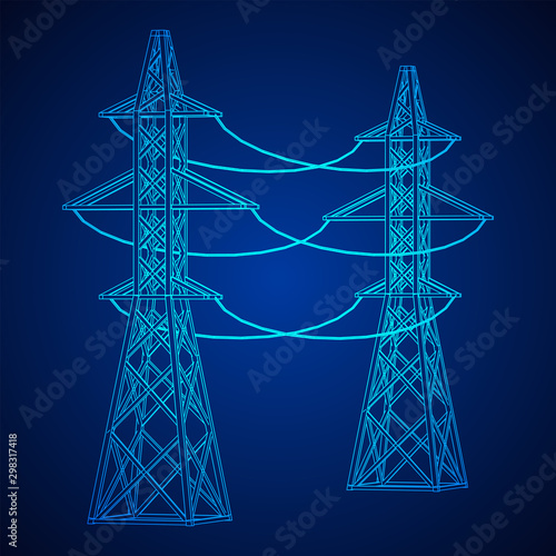 Power transmission tower high voltage pylon. Wireframe low poly mesh vector illustration