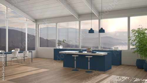 Modern minimalist blue colored kitchen with island and dining table with chairs, parquet, wooden roof and big panoramic windows with mountain view, interior design concept idea © ArchiVIZ