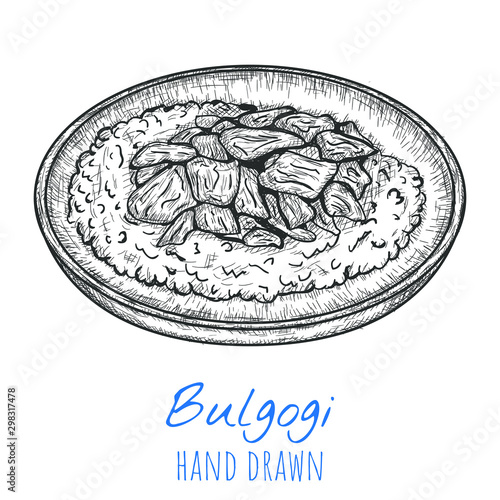 Bulgogi Korean dish, hand drawn vector illustration, isolated sketched art.