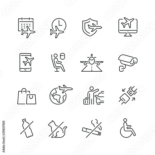 Airport related icons: thin vector icon set, black and white kit