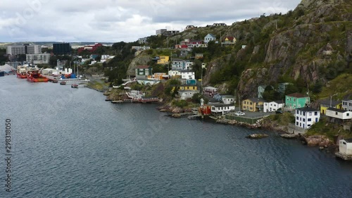 Aerial view of ocean and townhouses in newfoundland