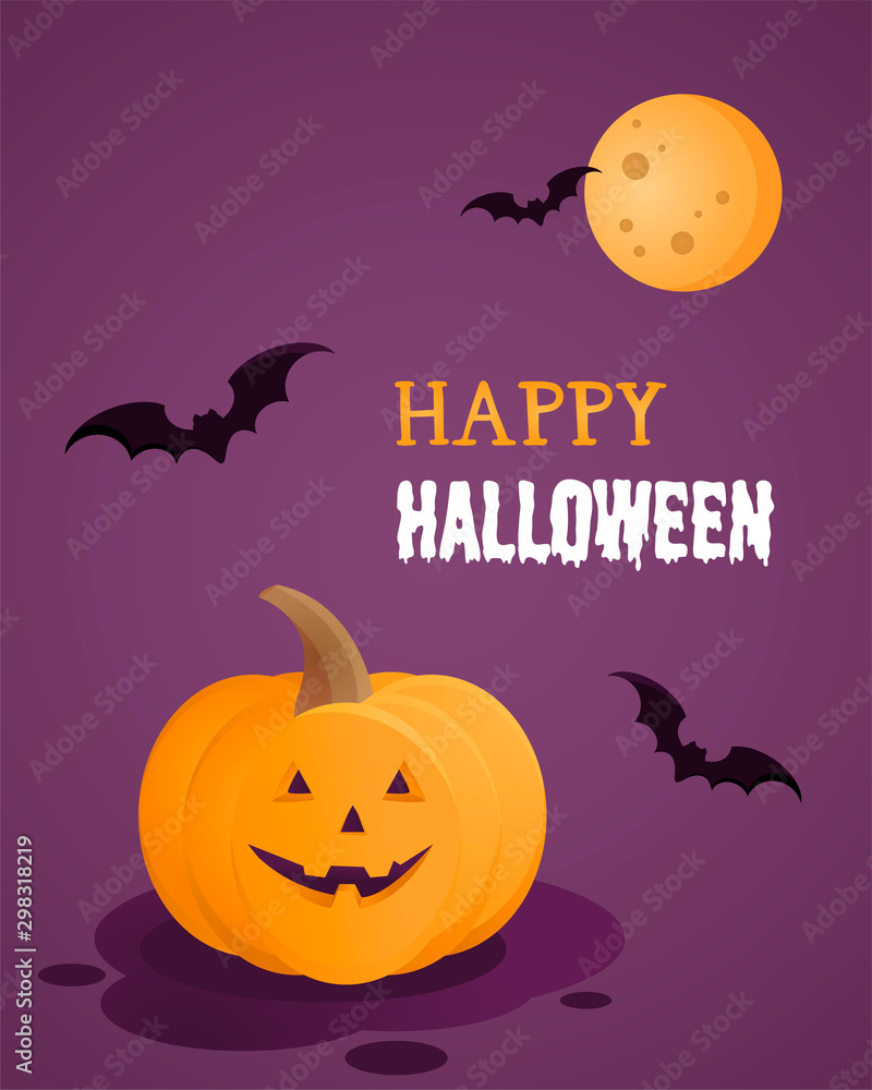 Vector illustration set of Halloween party invitations or greeting cards. Orange Pumpkin, Moon Night, bat, happy halloween.