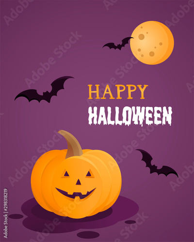 Vector illustration set of Halloween party invitations or greeting cards. Orange Pumpkin  Moon Night  bat  happy halloween.