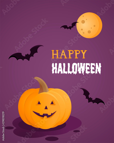 Vector illustration set of Halloween party invitations or greeting cards. Orange Pumpkin, Moon Night, bat, happy halloween.