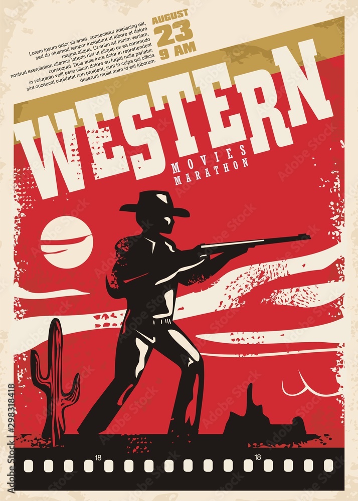 Western movies marathon retro poster design layout. Cinema festival. Vintage  film poster template with cowboy and wild west landscape. Stock Vector