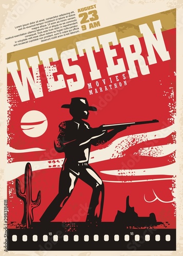 Western movies marathon retro poster design layout. Cinema festival. Vintage film poster template with cowboy and wild west landscape.