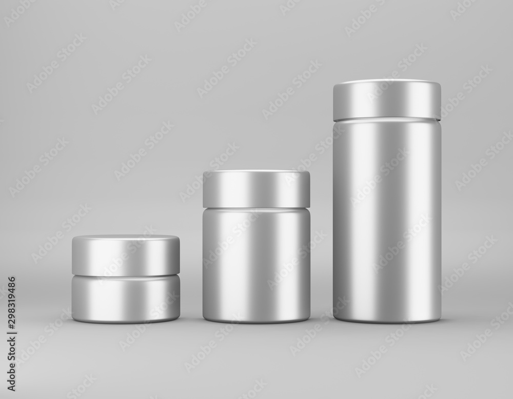 Set of glossy metal jar mockup on gray background. Template packaging food, cosmetics, chemistry different size big, medium, small. 3D rendering Set of glossy metal jar mockup on gray background. Template packaging food, cosmetics, chemistry different size big, medium, small. 3D rendering
