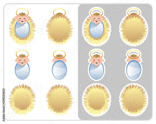 Two Sided Nativity icon and sticker of the Baby Jesus and the Crib. Cute cartoon character. Vector illustration without transparency.