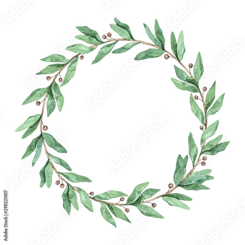 Laurel wreath with eucalyptus - Watercolor illustration. Happy new year and merry christmas. Winter greenery composition. Perfect for cards, wedding invitations, banners, posters