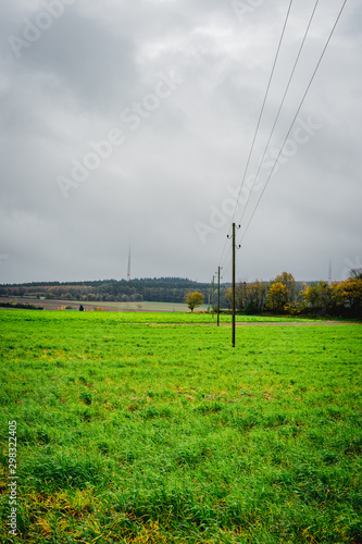einzelne Stromtrasse mit Holzpfählen auf grünem Feld im Herbst