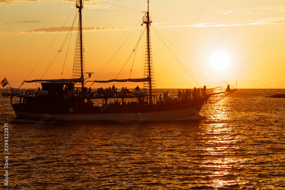 Tourist boat on Istra during sunset, Croatia