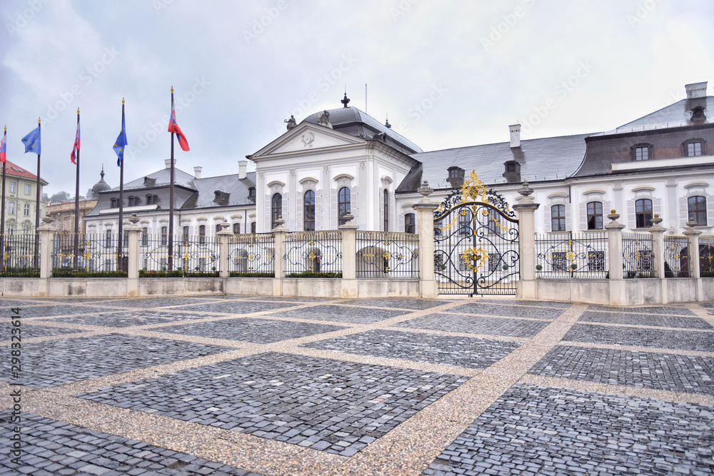 Naklejka premium Bratislava, Slovakia - April, 2019. Government of Bratislava. Bratislava historical center. Streets of Bratislava old town with tourist attractions.