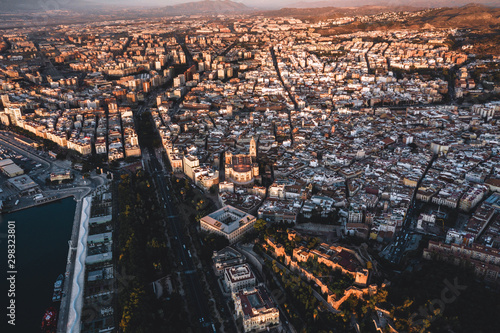 vistas Ciudad Málaga desde arriba amaneciendo. photo