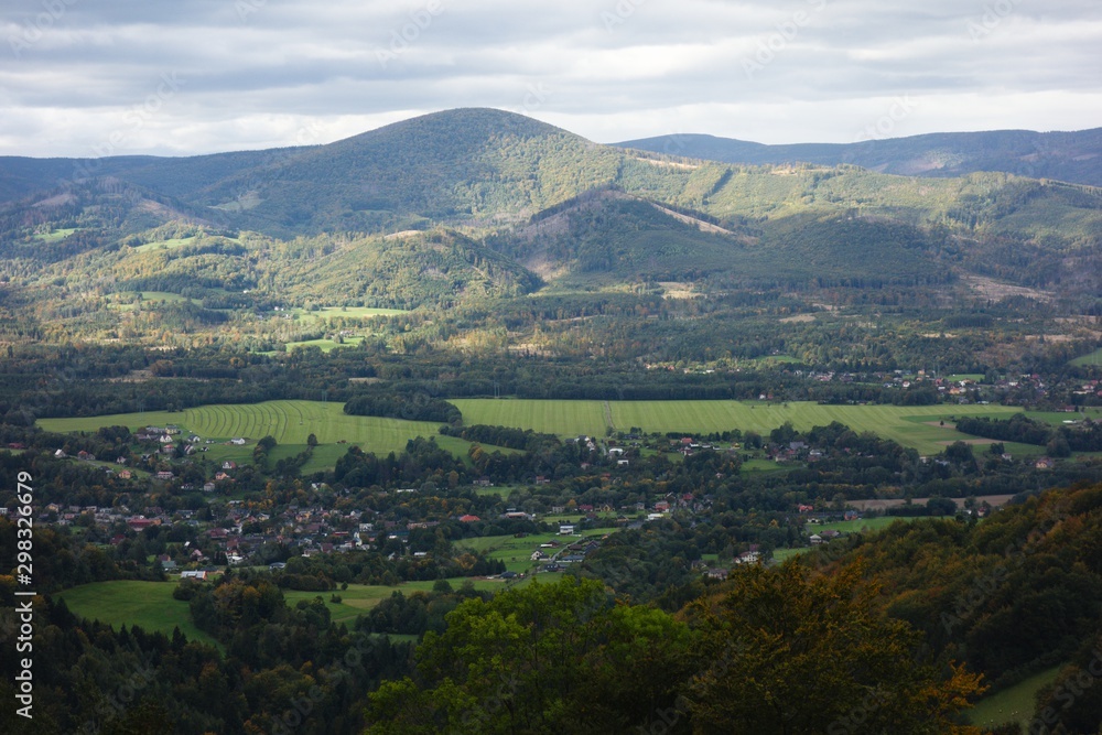 Naklejka premium Beskydy mountains with Hradek village from Loucka. Silesian region, Czech republic, Europe.