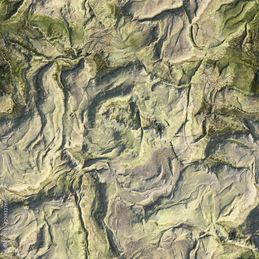 Aerial view from air plane of green nature mountains seamless texture background. 3d illustration
