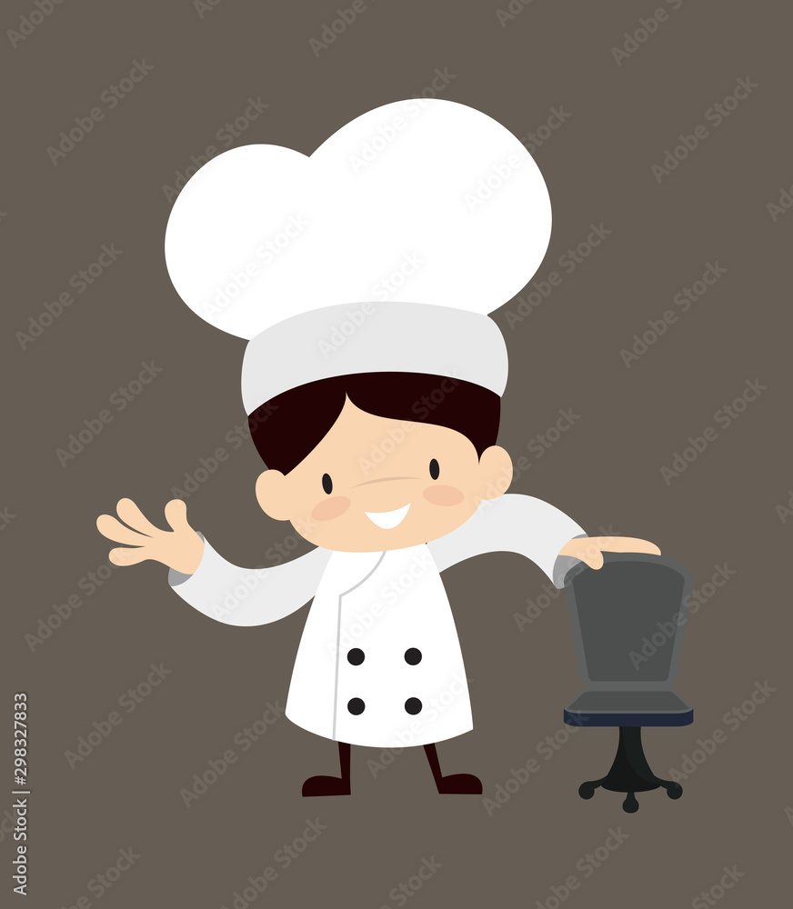 Cute Cartoon Chef - Standing with Chair and Gesturing with Hand Cute Cartoon Chef - Standing with Chair and Gesturing with Hand