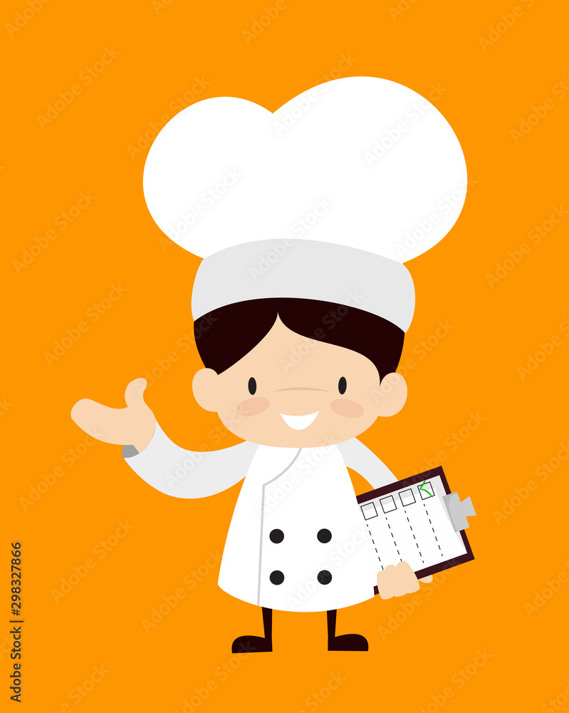 Cute Cartoon Chef - Holding a Checklist and Showing with Hand Gesture Cute Cartoon Chef - Holding a Checklist and Showing with Hand Gesture
